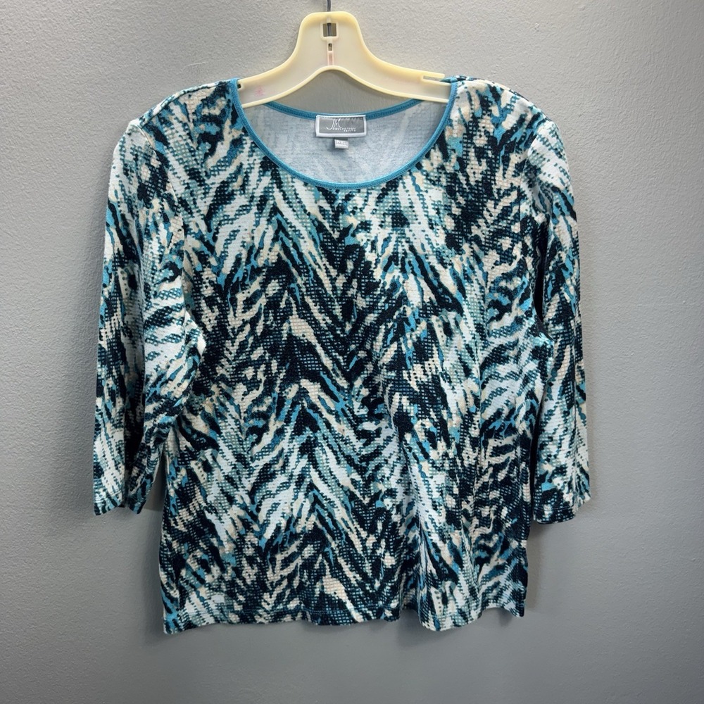 JM Collection Petite P/XL Blue Teal Abstract Print 3/4 Sleeve Stretch Top